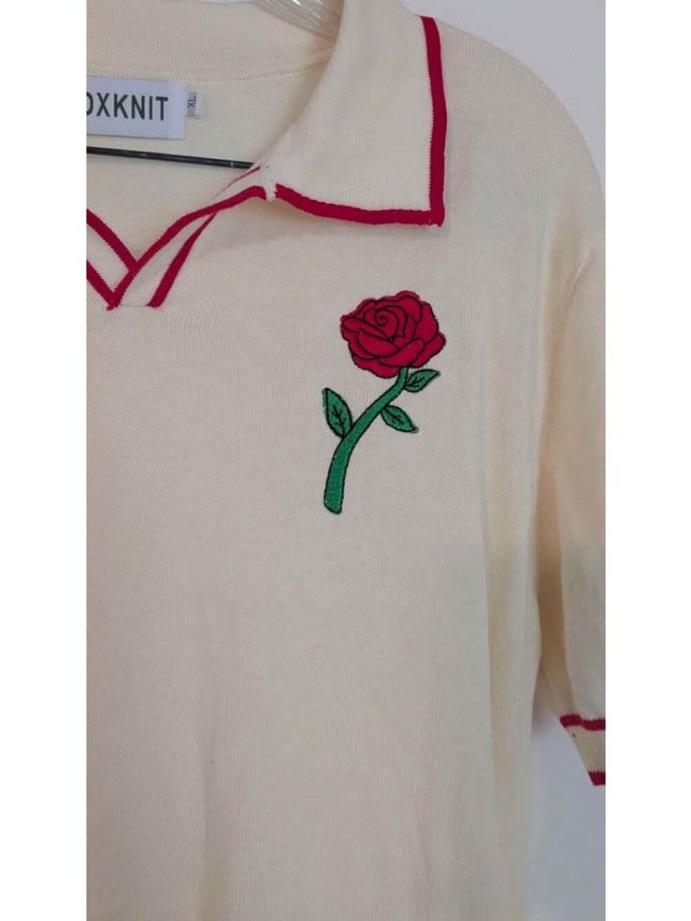 OXKNIT Men's XL Cream Knit Polo Shirt with Rose Embroidery - Picture 2 of 6